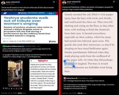Rolling Stone article claims women are forbidden from singing in public in Palestinian society. X user & journalist Jasper Nathaniel debunks that & points out examples of Israelis protesting women singing or abusing Palestinians for doing so.