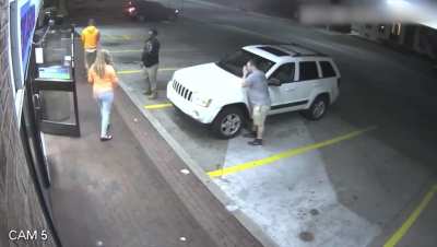 Guy punches a disabled person outside a store after mocking the way they walk. 