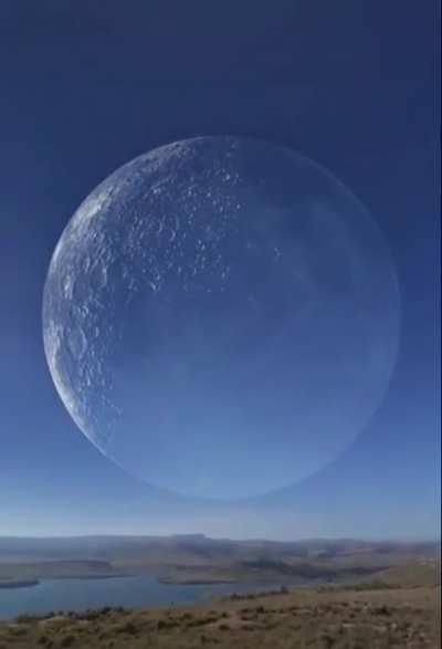 A site between Russia and Canada (at the north pole) where the moon appears large and is present for 30 seconds until it sets.