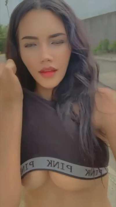 I just couldn't resist getting my tits out in front of my neighbours house I hope no one saw me hihi [f]