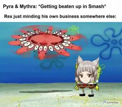 For context: Rex shares Pyra and Mythra's pain, so them getting put into a fighting game must suck for him.