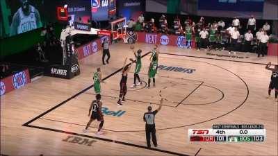 OG Anunoby drills a three point shot with 0.5 seconds remaining to give the Raptors a prayer in the series against the Celtics