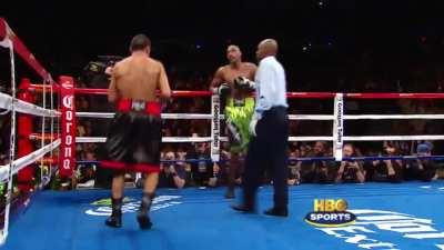 Talented Argentinian boxer Sergio Martinez throws a vicious overhand left to brutally knockout the much bigger Paul Williams in their second fight.