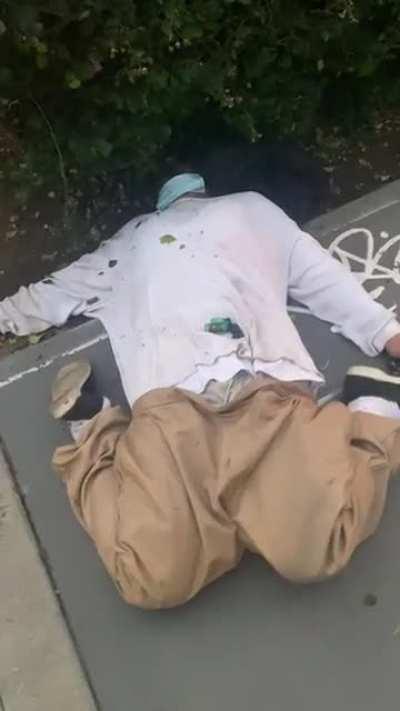 Found this dude in front for my job at 6am like this (he’s alive and breathing he was taken to the hospital)