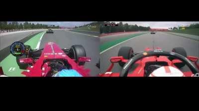 Alonso 2013 - Leclerc 2021. Both overtaking a Mercedes in a Ferrari for P3 in the opening lap at turn 3.