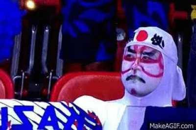 Japanese soccer fan sees himself on camera and gets scared