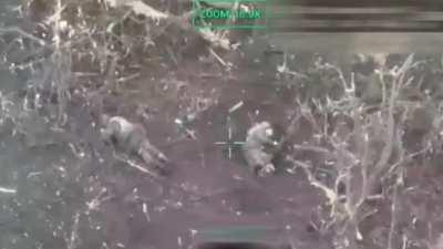 Two Russian soldiers are struck by drone dropped grenade. One commits suicide as he lays beside his wounded comrade. Near Stepove, Avdiivka front. December 2023.