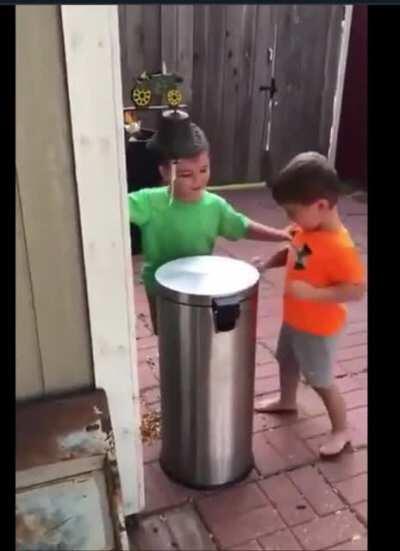 Playing with a trash can