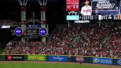 [Highlight] [Highlight] Eddie Rosario misses a home run by a few inches that lands in a fan's hat.