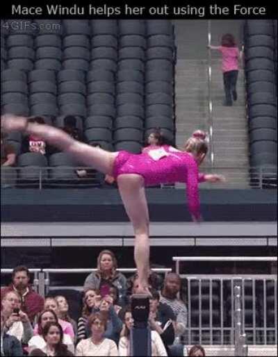 Gymnast gets help from man in the crowd using the Force