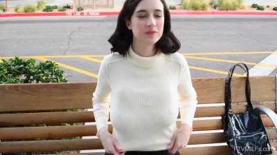 Petite Giulia flashes her massive naturals in public