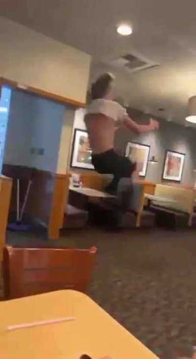 Back handspring in restaurant