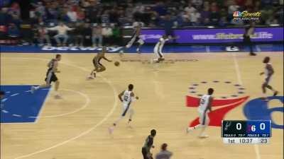 [Highlight] Jeremy Sochan denies a Tyrese Maxey driving layup. Fans and Kate Scott insist it is a goaltend.