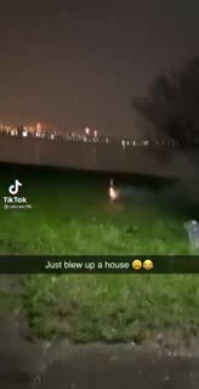 Casually bombing a house with a firework. Cross Posting from r/AccidentalTerrorism, so thought it would belonge here.