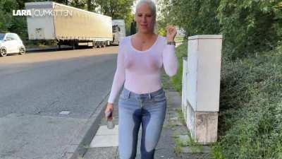 Wet patches really stand out in denim