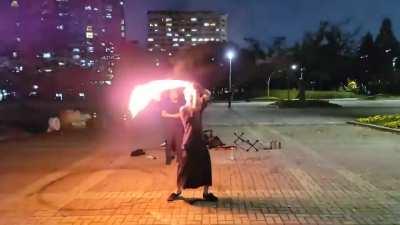 This guy lights his sword on fire and makes a cool little demonstration with it, then puts it out with his sheath/scabbard