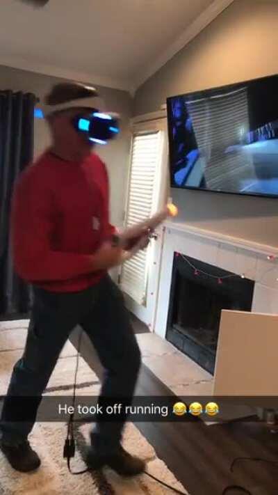 Veteran father-in-law resorts to his marine training while playing Farpoint. Takes off running for cover, straight into the bar!