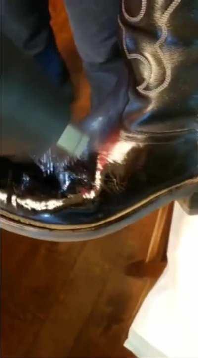 polishing a boot