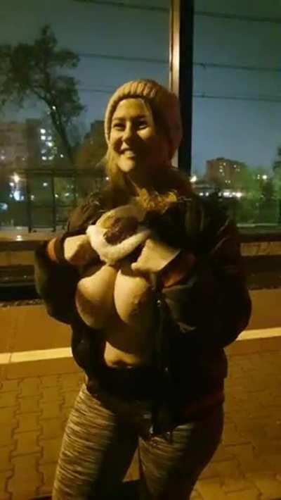 Busty Blonde Outdoors Boobs Reveal