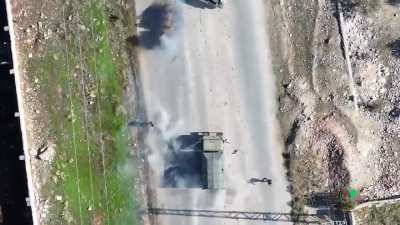 Syrian Falcon (Shaheen) Brigade drone strikes pro-Assad forces retreating from rebel advances. Kafr Naha, Western Aleppo. Today