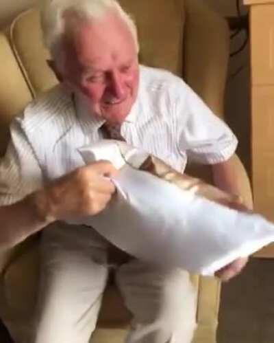 A caregiver at Thistleton Lodge in Lancashire, England, had noticed 94 year-old Ken had been sleeping with a picture of his late wife, Ada. So, she surprised him with a pillow he could hug with her picture on it.