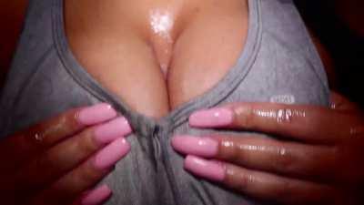 Grey top, spit and cum between tits