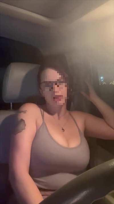Playing with my huge tits in my car