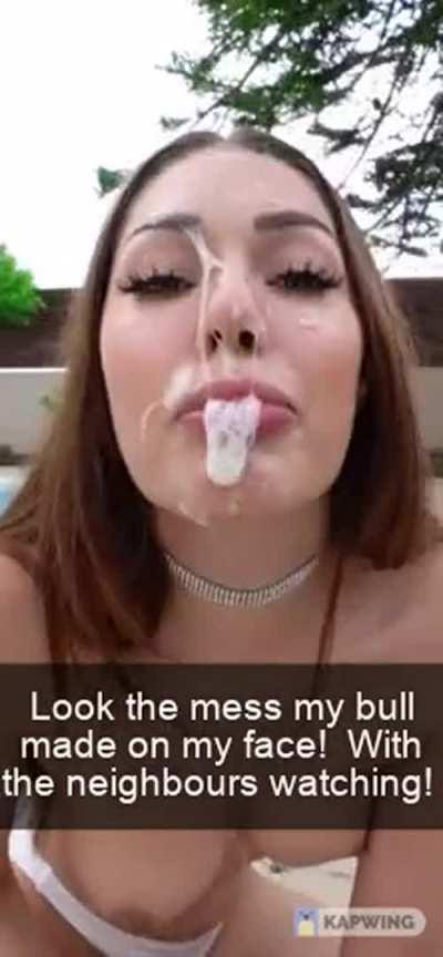 Instead of cleaning up she spends a few moments playing with the spit and cum in plainview by the poolside