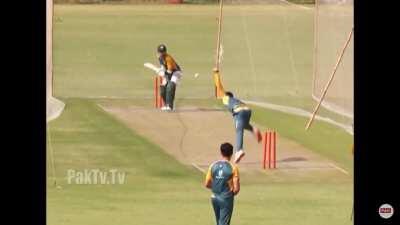 Naseem Shah bowls a peach to Babar in the nets