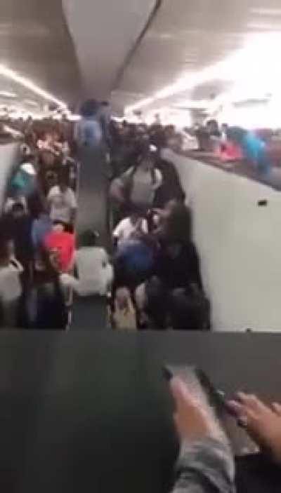 The Pantitlán Metro station in Mexico City got so crowded that people started to fall off the escalators when they had no place to fit in