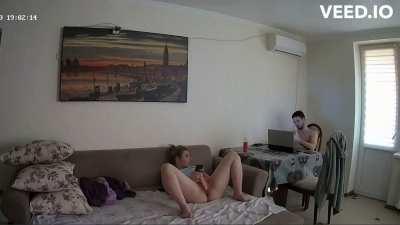 BF works while GF casually masturbates