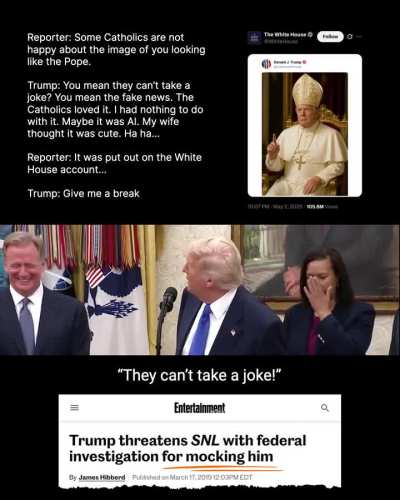 Thin-skinned tyrant — who threatened SNL with a federal investigation for mocking him — says everyone else “can’t take a joke” when it comes to mocking the Pope, Catholics
