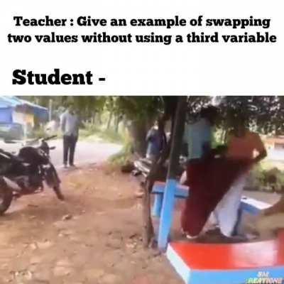 How to swap two variables without a third variable, India style [x-post from r/ProgrammerHumor]
