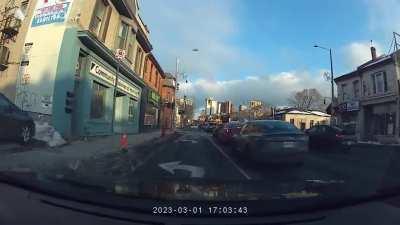 Car drives wrong way down tight one way street
