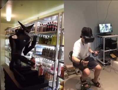 Store worker stocks shelves using a VR headset to interface with a robot