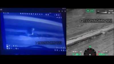 Dual perspective video of an alleged North Korean soldier utilizing a thermal cape to try and avoid a Ukrainian FPV but eventually gets struck. Date Location not provided (source in comments)