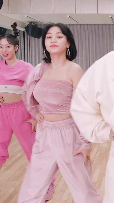 Jihyo - pink sweat pants, tank top, jacket, scientist performance, practice room