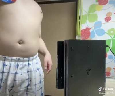 Chad showing off his strong chest muscles.