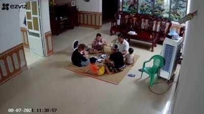 Ceiling fan falls and manages to spin in such a way as to avoid injury