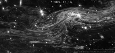 New frame for the Cassiopeia A supernova light echo. JWST NIRCam images with filter F444W from August to December 2024. Last two frames have quite the gap of two months. Processed by Melina Thévenot