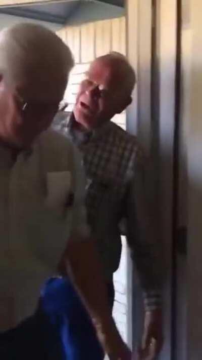 85yr. old dad cries after his kids track down his war buddy bff who he hasn't seen or heard from in 60+ yrs.. They trick their dad by having his war buddy knock on the door and ask for 