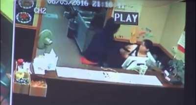 Robber vs meat cleaver!