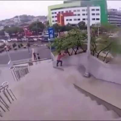 Sliding down some wet stairs