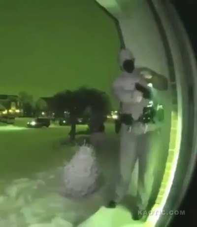 Cop almost loses her head.