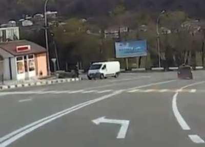 A dashcam records a tire coming off an SUV and knocking out a really unlucky guy