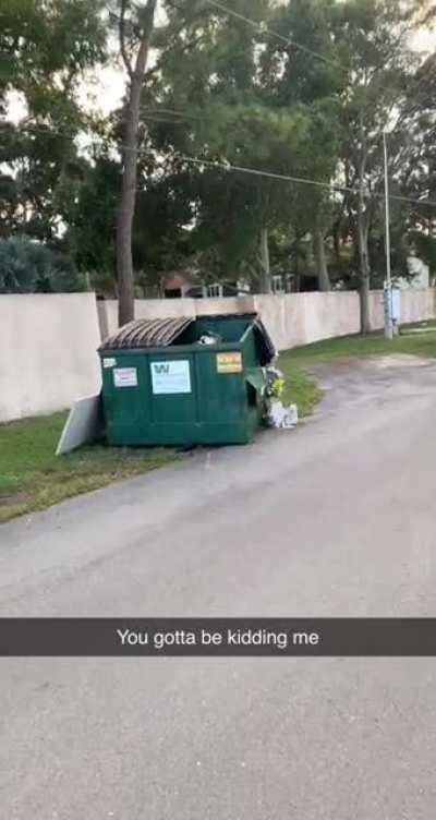 The bag catches on the side, all the trash falls out, then the bag goes in...