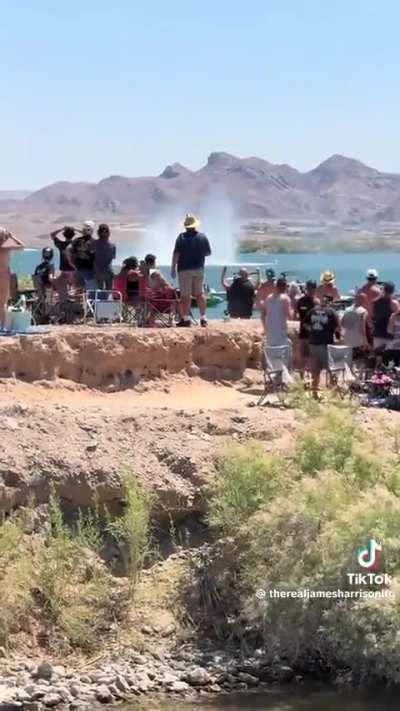 Crowd freaks when a lesson in aerodynamic lift strikes a speed-boat demo