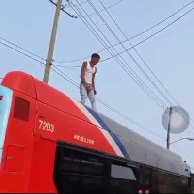 Moron jumps off a bus and destroys someone's car