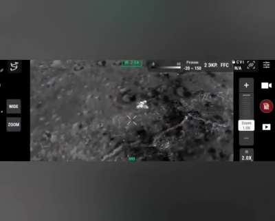 Ukrainian drone annihilates a Russian soldier in the back, 3 viewpoints: fpv, thermal and overhead. The piece of debris nearly hits the overhead observation drone.