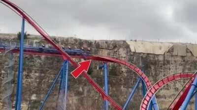 [Superman Krypton Coaster, Six Flags Fiesta Texas] Someone left a cover or something on the midcourse of Superman during a test run...